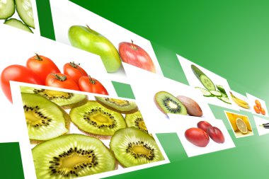 Stream with fruits and vegetables images on green background. clipart