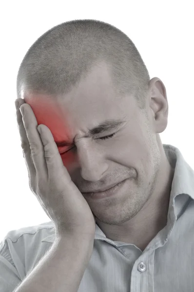 Mannen houden hoofd pijn geïsoleerd — Stockfoto