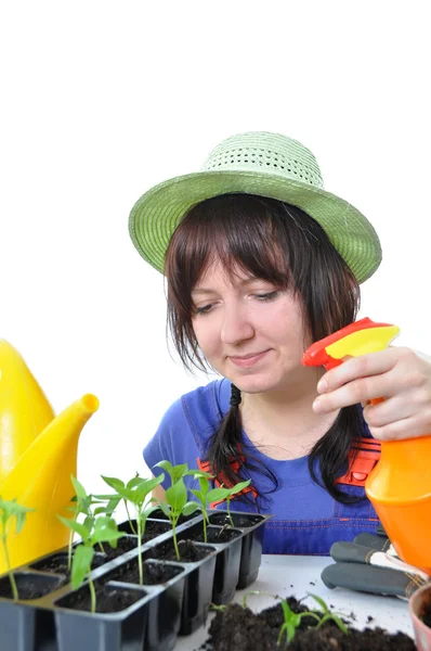 Žena pěstování zahrada izolované — Stock fotografie
