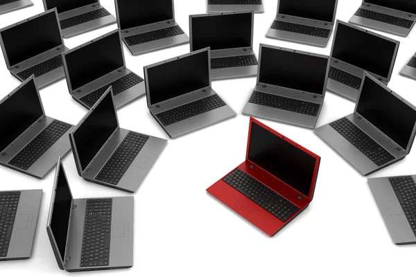 Red laptop among gray similar isolated on white background — Stock Photo, Image