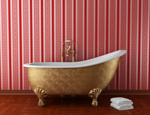 stock image Classic bathroom with old bathtub and red stripped wall