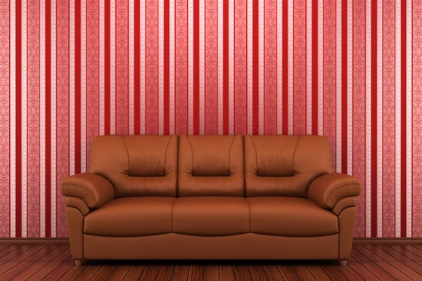 Sofá de couro marrom na frente da parede despojada vermelha — Fotografia de Stock