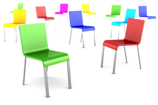 Muchas sillas de color aisladas sobre fondo blanco — Foto de Stock