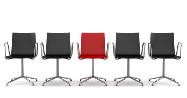 Red office chair among black chairs isolated on white background clipart