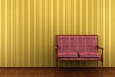 Red classic sofa in front of yellow striped wall clipart