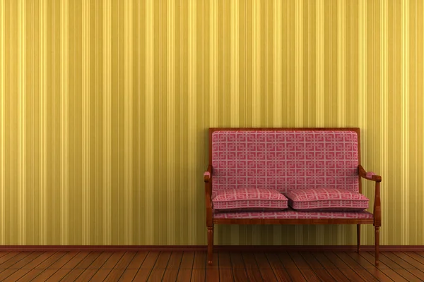 Röda klassiska soffa framför gul randig vägg — Stockfoto