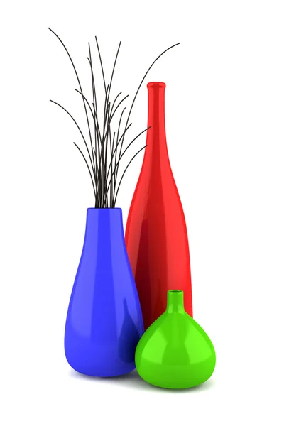 Três vasos coloridos com madeira seca isolada sobre fundo branco — Fotografia de Stock