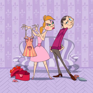 At Valentine's Day boy presents to his girlfriend a dress with tree holes at strange places. She suppose this is a dirty joke. clipart