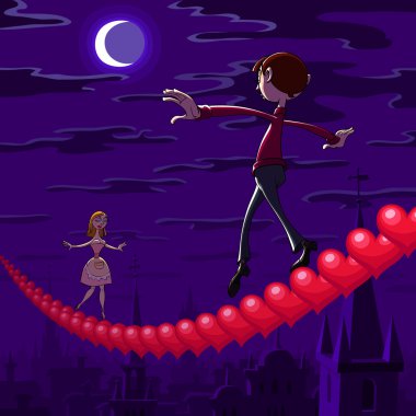 At Valentine's night a balancing boy and girl goes toward each other on row of red hearts hanging over the town. clipart