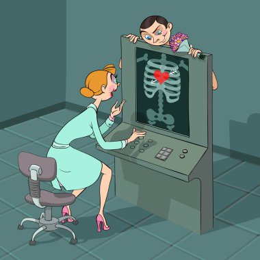 At Valentine's Day a boy comes to his girlfriend at X-ray observe which shows heart falling in love in his breast clipart