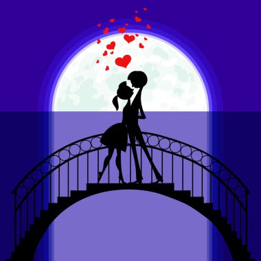 Silhouettes on the Moon of two lovers staying on a bridge and flying hearts over them. clipart