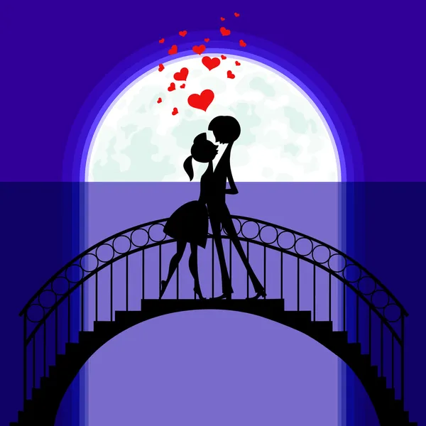 Silhouettes Moon Two Lovers Staying Bridge Flying Hearts Them — Stock Vector