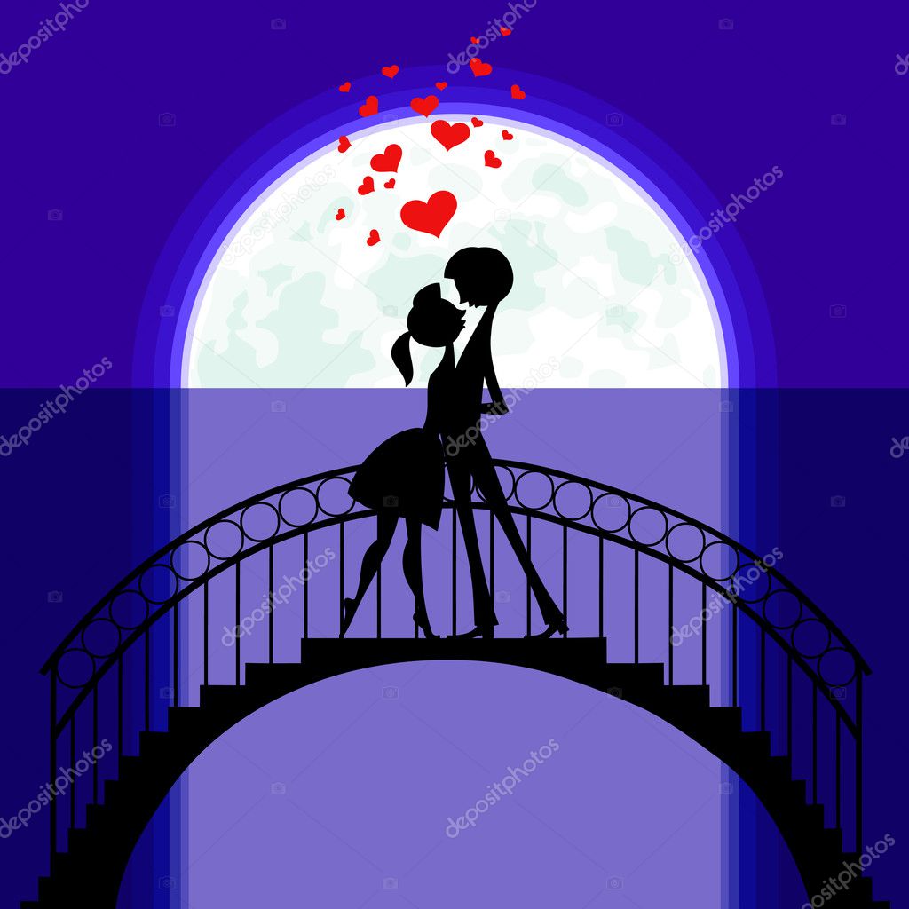 Silhouettes on the Moon of two lovers staying on a bridge and flying hearts over them.