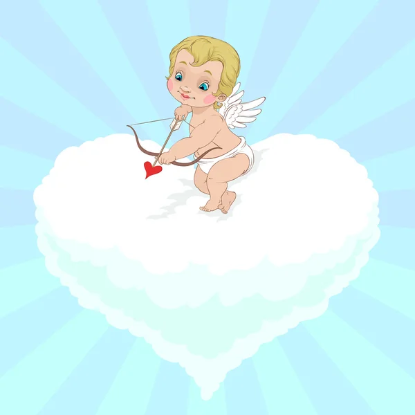 バレンタインデーにキューピッドは心臓の形の雲の上に座って彼の矢を撃つことを目指しています — ストックベクタ