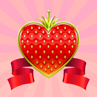 Jewelry Valentine red strawberry edged by gold with a ribbon clipart