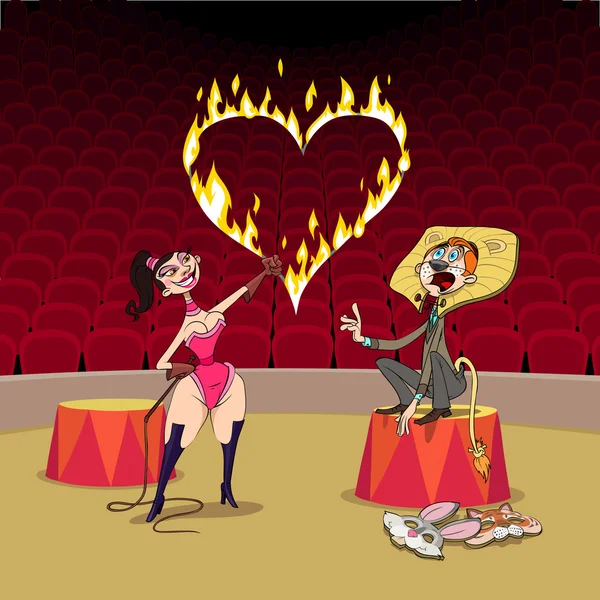 Valentine Day Circus Girl Plays Predator Training Her Boyfriend — Stock Vector