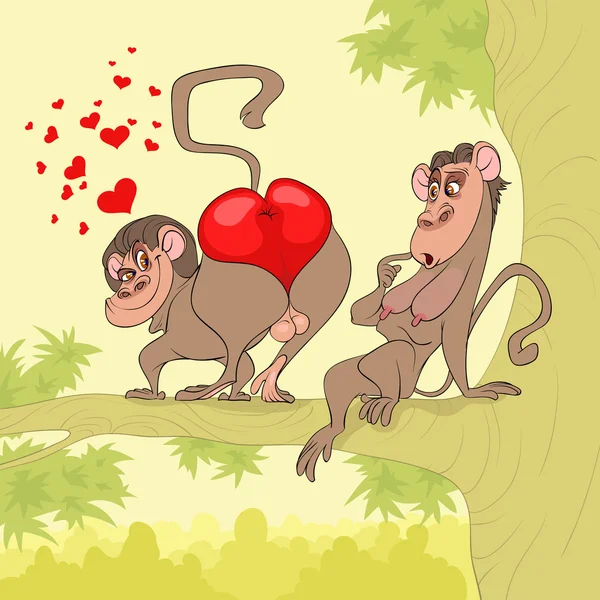 バレンタインデーの男性猿は女性猿への贈り物として彼の背中を提示します — ストックベクタ