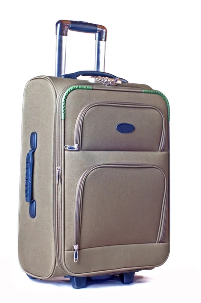 Görgők Fehér Háttér Előtt Modern Kényelmes Bőrönd — Stock Fotó