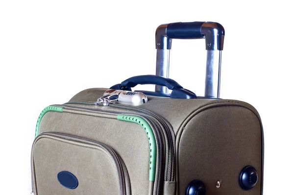 Görgők Fehér Háttér Előtt Modern Kényelmes Bőrönd — Stock Fotó