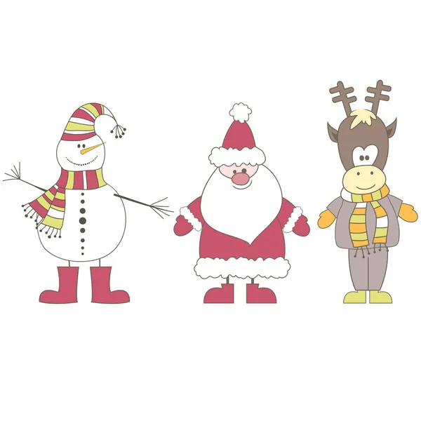 Weihnachtsmann, Rentier, Schneemann. Vektorillustration — Stockvektor
