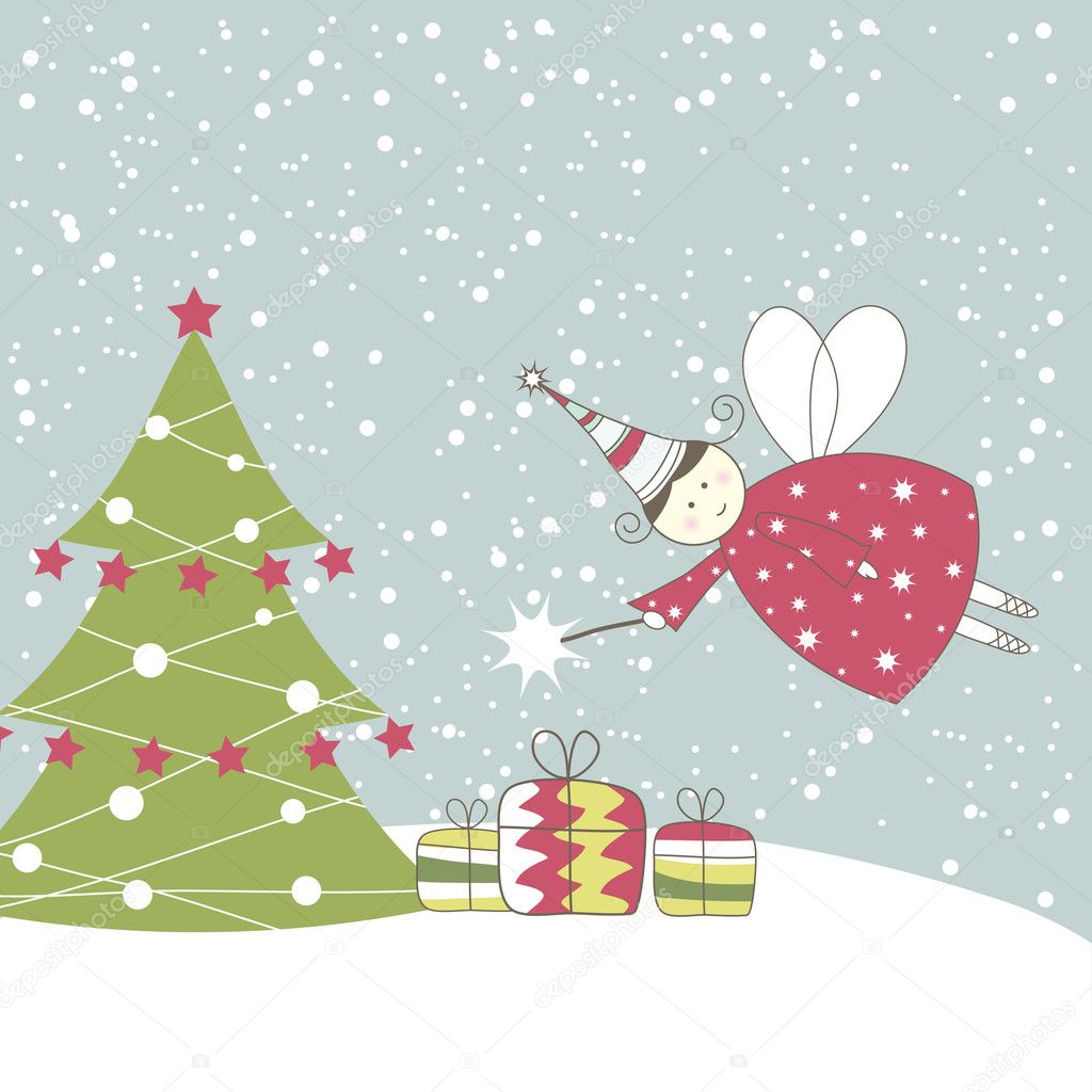 Christmas card with angel. Vector illustration