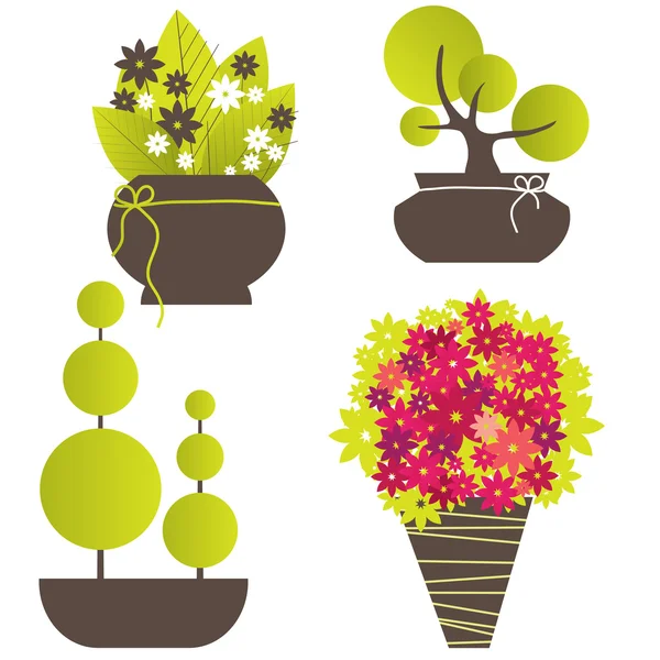 Αφηρημένο φόντο με πράσινο δέντρο και λουλούδια. Εικονογράφηση διανύσματος — Διανυσματικό Αρχείο