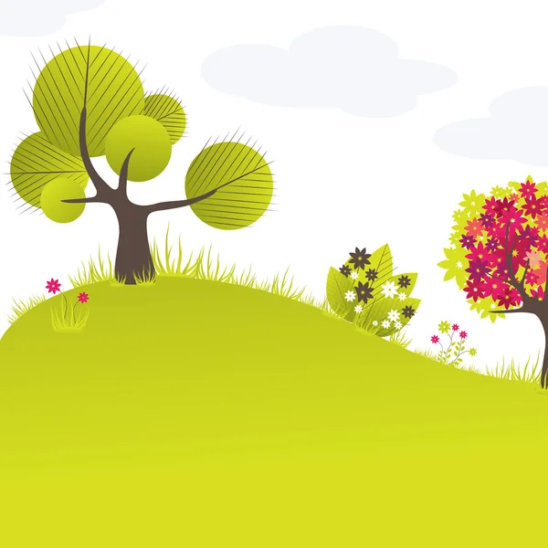 Abstraktní pozadí se zeleným stromem a květinami. Vektorová ilustrace — Stockový vektor