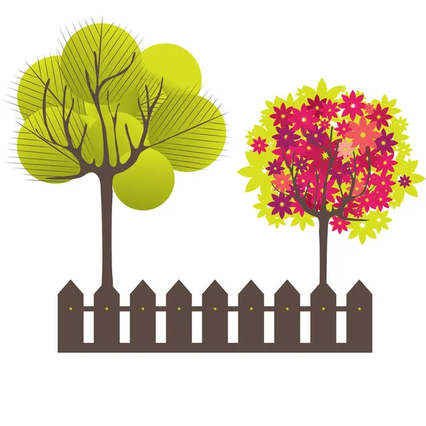 Abstracte achtergrond met groene boom en bloemen. Vectorillustratie — Stockvector