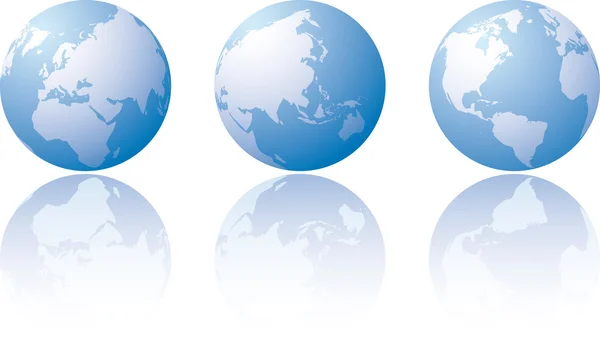Drie Globe Visies Wereld Met Reflectie Blauwe Kleur — Stockvector
