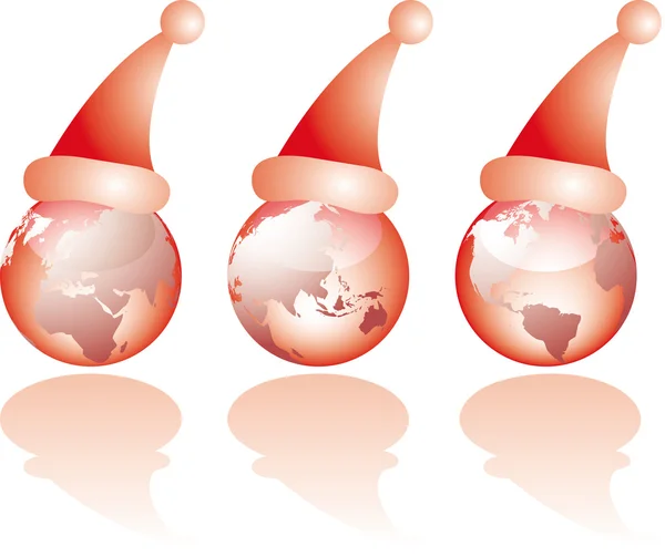 Trzy Kuli Ziemskiej Świat Szklane Widoki Boże Narodzenie Santa Kapelusz — Wektor stockowy