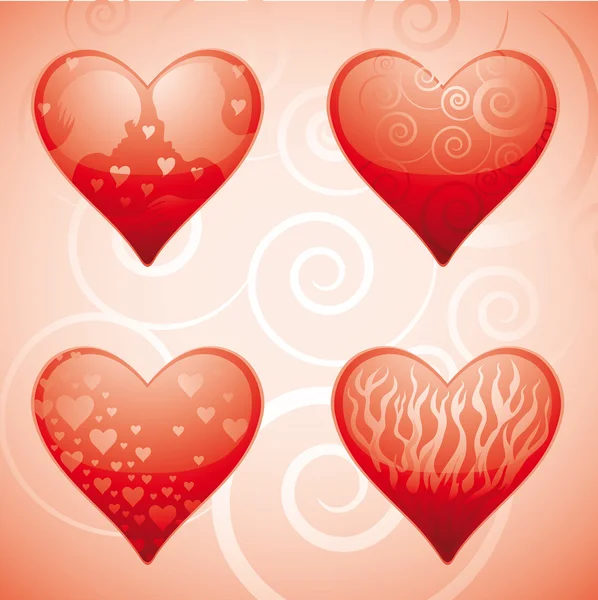 Τέσσερις Γυαλιστερές Καρδιές Αγίου Βαλεντίνου Διάφορα Στοιχεία Στο Εσωτερικό Κάθε — Διανυσματικό Αρχείο