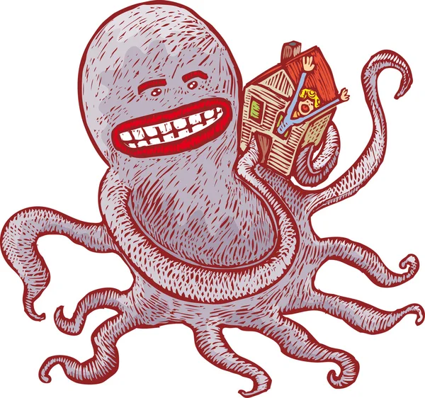 巨大的触手怪物试着在房子里吃尖叫的女人 保险的概念 — 图库矢量图片