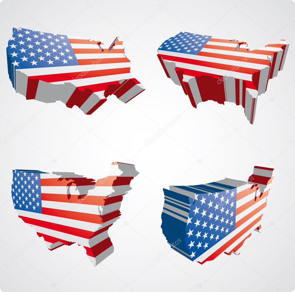 Four perspective views in three dimensional style of the USA with the USA flag inside