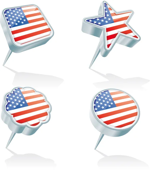 Vier Metalen Pinnen Diverse Vormen Met Verenigde Staten Vlag Binnen — Stockvector
