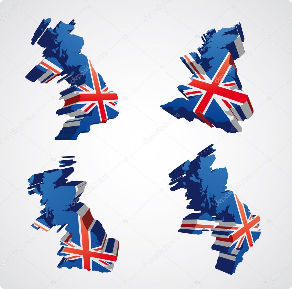Four perspective views in three dimensional style of the uk with the uk flag inside