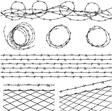 Some barbed wire elements with fence and a barbed wire seamless module in a separate layer clipart