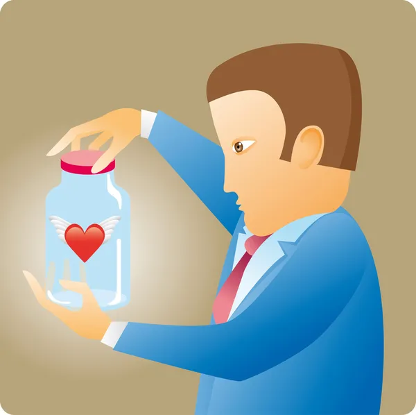 Hombre Negocios Sostiene Una Botella Con Corazón Alado Dentro Una — Vector de stock