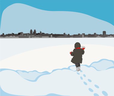 Child at the frozen river clipart