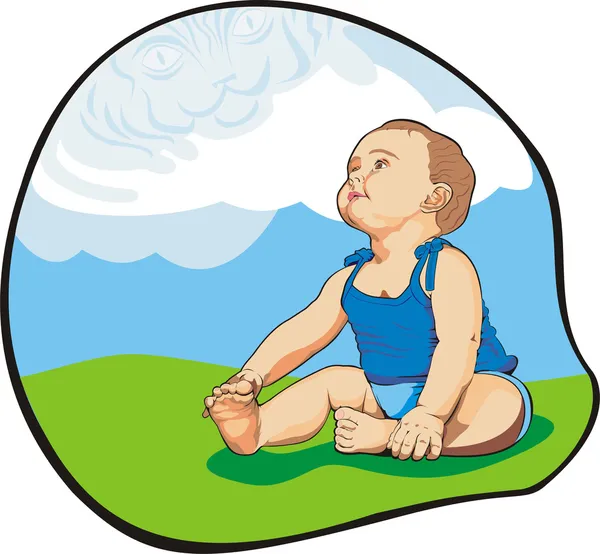 Младенец смотрит вверх по волшебным облакам — стоковый вектор