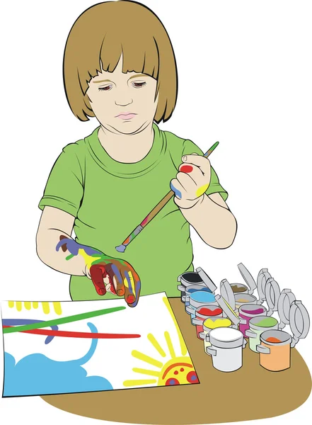 Art Illustration Portrait Small Girl Painting Gouache — Stock Vector