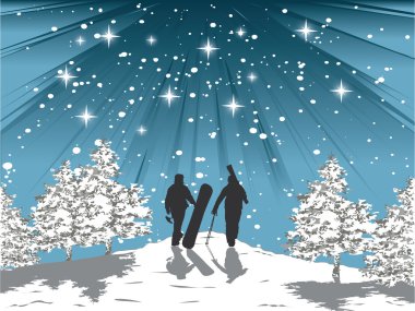 Skier and snowboarder silhouette on top of the mountain with sky full of shiney stars clipart