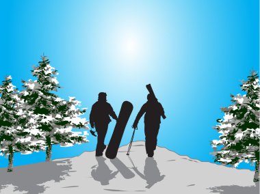 kayakçı ve snowboard siluet dağın zirvesinde