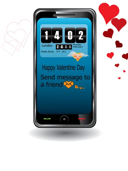 Touchscreen Mobile Valentine Day Blue Color Weather Forecast Heart Message — Stock Vector