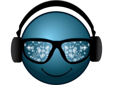 Smiling blue smiley with glasses and headphones clipart