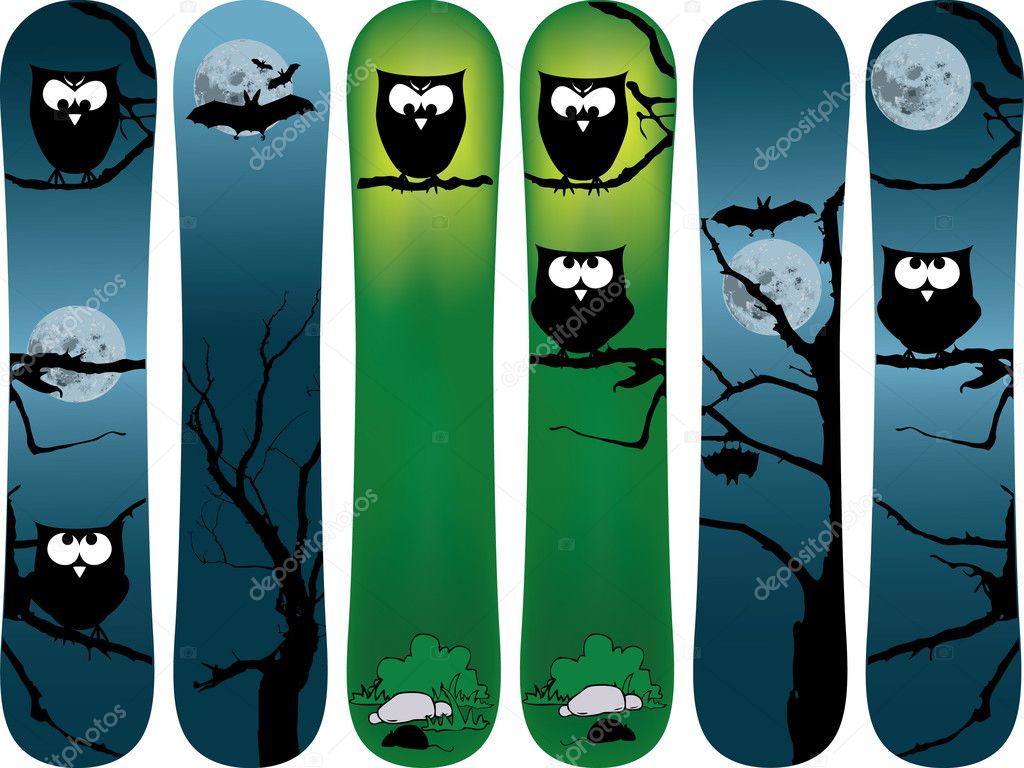 Snowboard cartoon design with owl and bat background