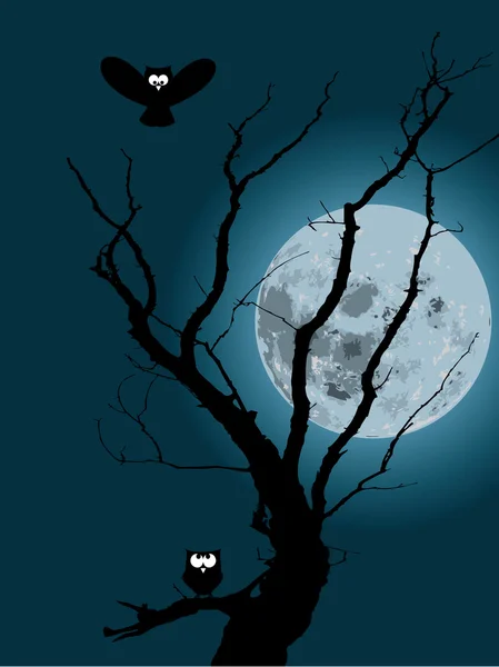 Maanlicht achtergrond cartoon uil — Stockvector