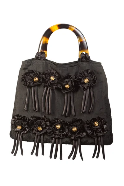 Bolsa feminina preta com flores decorativas — Fotografia de Stock
