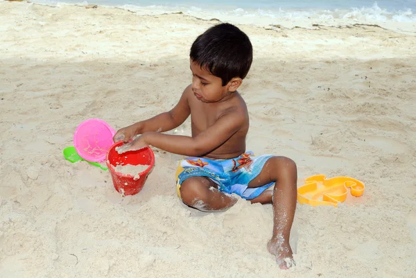 Handsome Indian Kid Playing Sand Tropical Beach — Stock Photo, Image