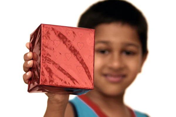 Yound Indian Kid Holding Gift You — Stock Photo, Image