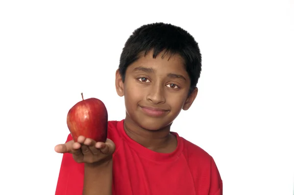 Handsome Indian Kid Eating Apple Day — Stock Photo, Image